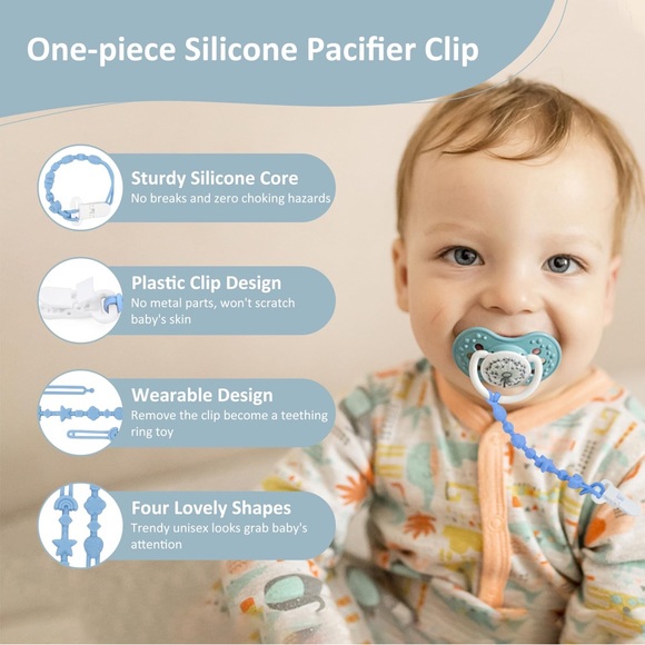 Silicone Pacifier Clip Holder with One Piece Design, Pack of 2 (Pink+Apricot) - Picture 2 of 13